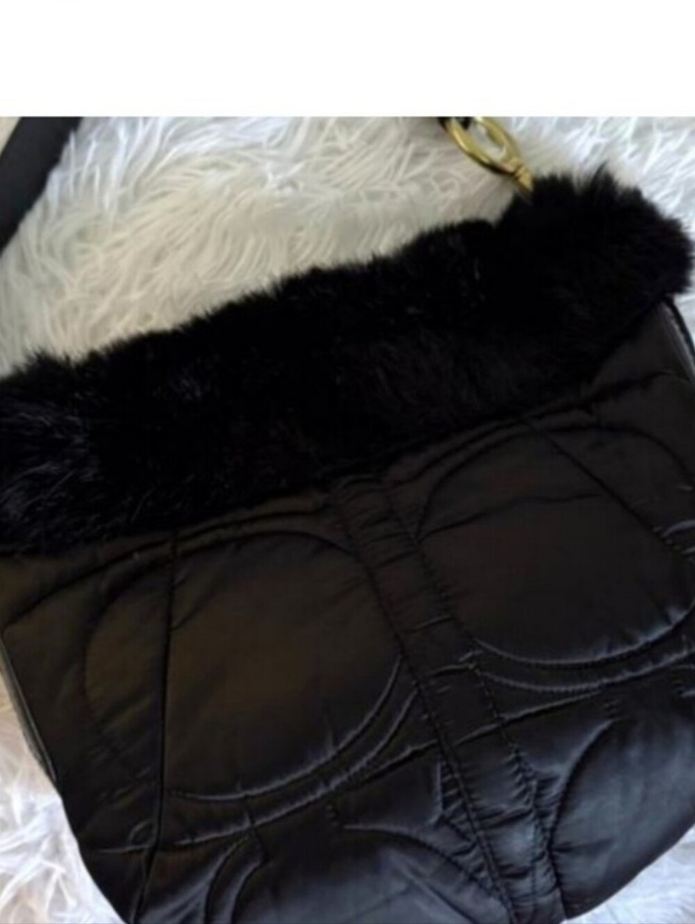 Coach Black Rabbit Fur Trim Quilted Hobo Bag With Coach Hangtag